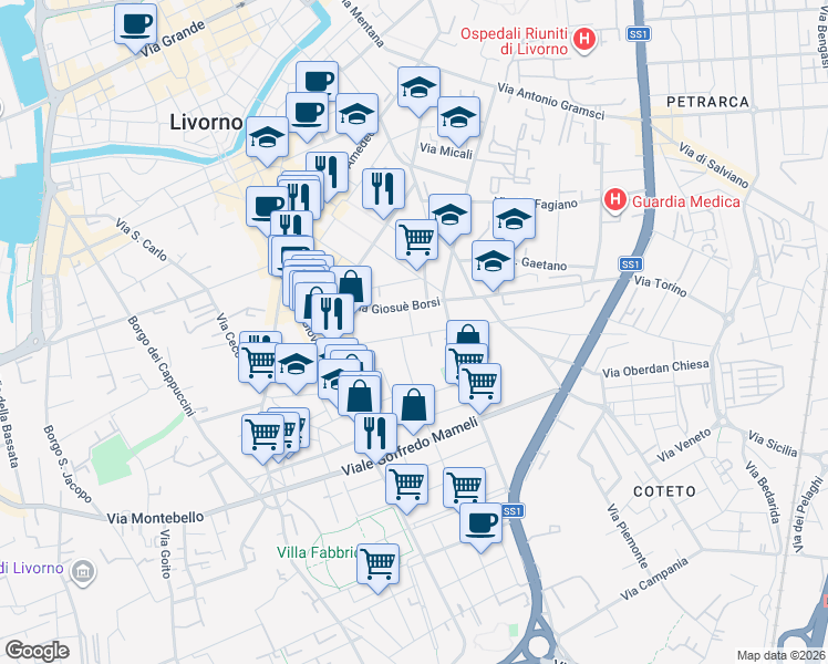 map of restaurants, bars, coffee shops, grocery stores, and more near 5 Via Diomede Bonamici in Livorno
