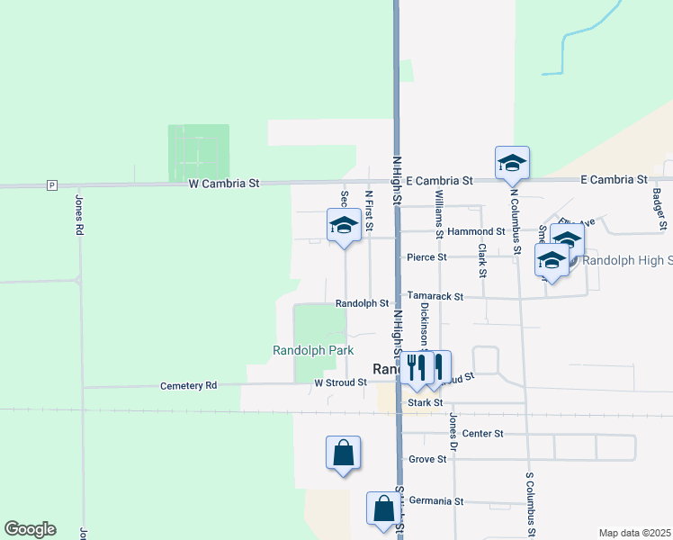 map of restaurants, bars, coffee shops, grocery stores, and more near 321 Second Street in Randolph