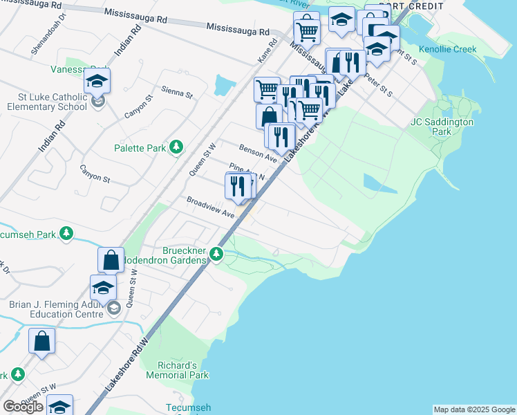 map of restaurants, bars, coffee shops, grocery stores, and more near 11 Ben Machree Drive in Mississauga