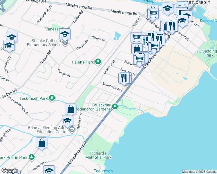 map of restaurants, bars, coffee shops, grocery stores, and more near 36 Broadview Avenue in Mississauga