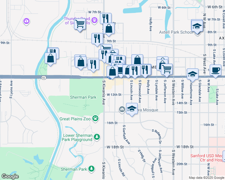 map of restaurants, bars, coffee shops, grocery stores, and more near 500 South Kiwanis Avenue in Sioux Falls