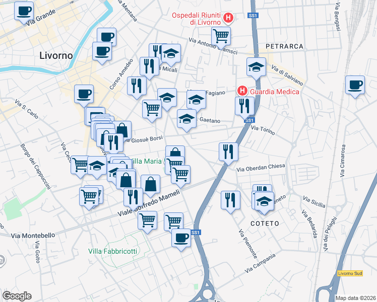 map of restaurants, bars, coffee shops, grocery stores, and more near 42 Via Filippo Buonarroti in Leghorn