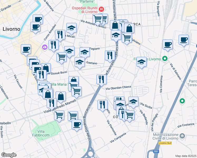 map of restaurants, bars, coffee shops, grocery stores, and more near 5 Via Salvo D'Acquisto in Livorno