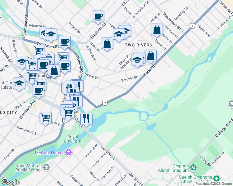 map of restaurants, bars, coffee shops, grocery stores, and more near 98 Ontario 7 in Guelph