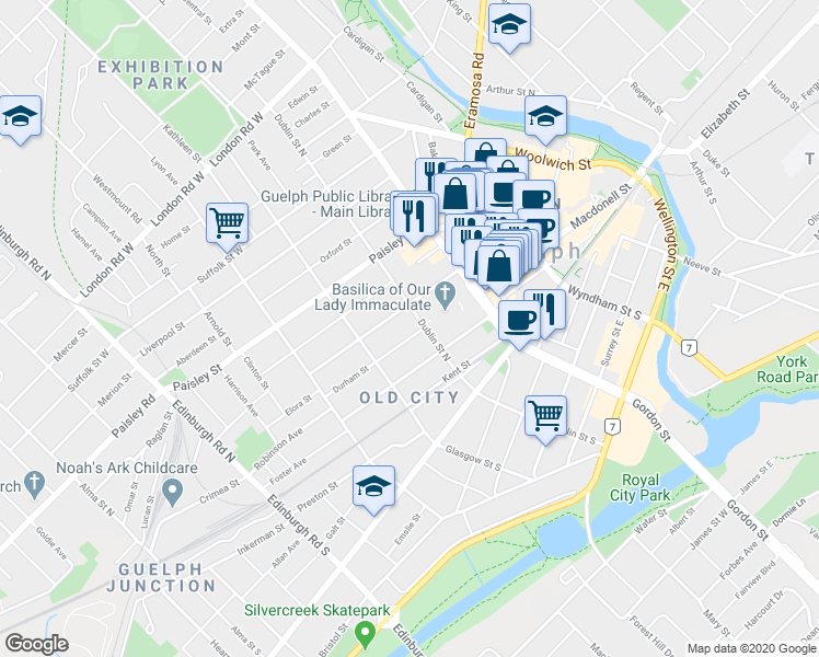 map of restaurants, bars, coffee shops, grocery stores, and more near 7 Durham Street in Guelph