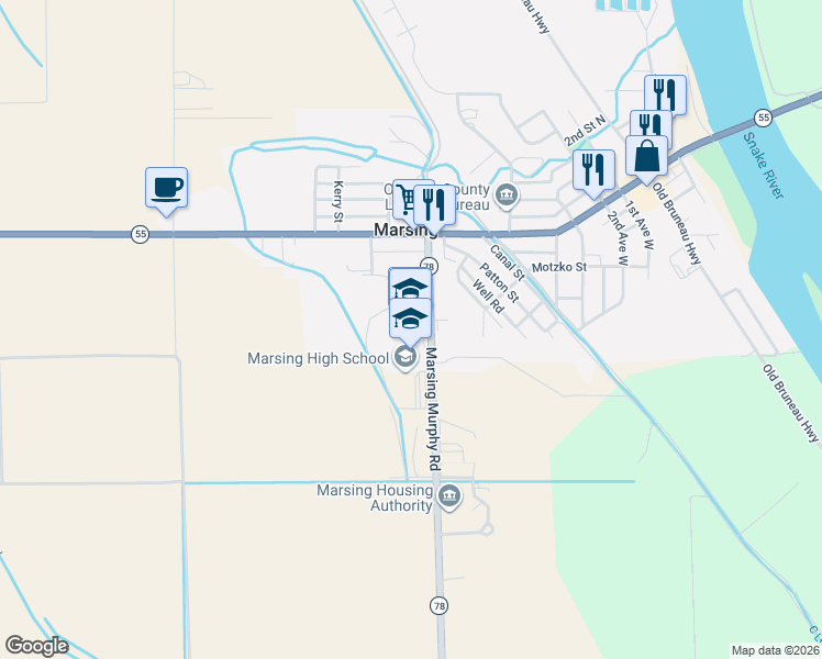 map of restaurants, bars, coffee shops, grocery stores, and more near 254 8th Avenue West in Marsing