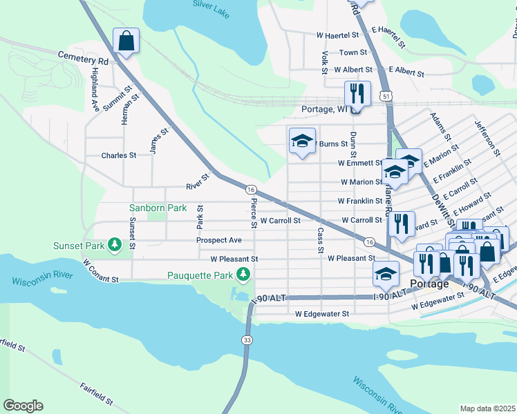 map of restaurants, bars, coffee shops, grocery stores, and more near 602 West Carroll Street in Portage