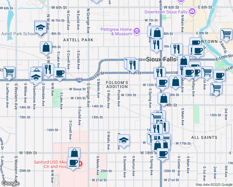 map of restaurants, bars, coffee shops, grocery stores, and more near 815 West 13th Street in Sioux Falls