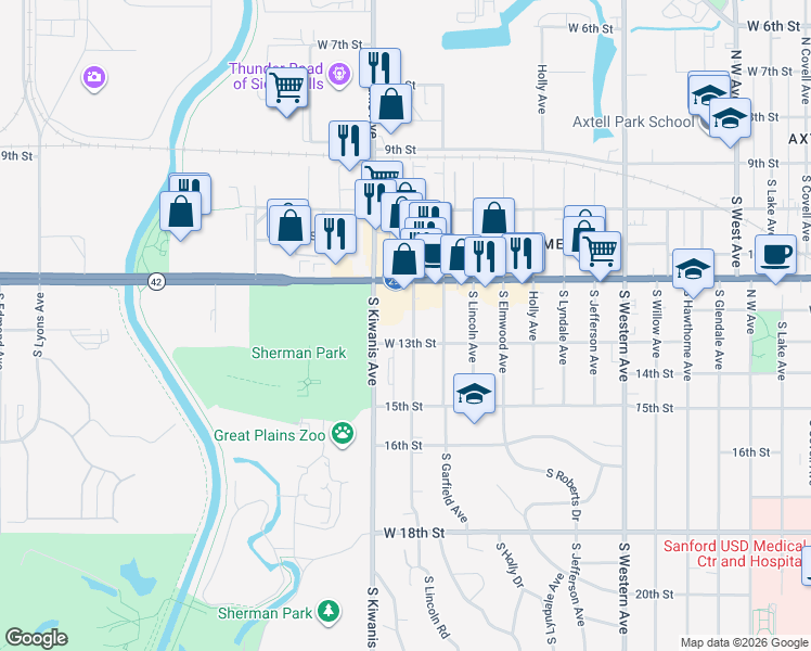 map of restaurants, bars, coffee shops, grocery stores, and more near 500 South Kiwanis Avenue in Sioux Falls