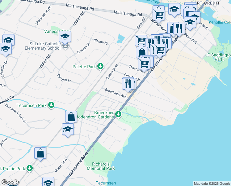 map of restaurants, bars, coffee shops, grocery stores, and more near 19 Broadview Avenue in Mississauga
