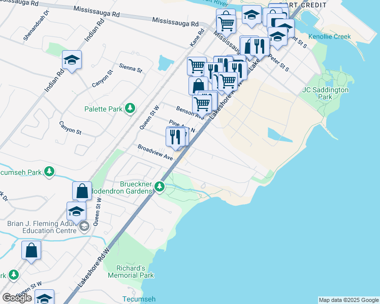 map of restaurants, bars, coffee shops, grocery stores, and more near 11 Ben Machree Drive in Mississauga
