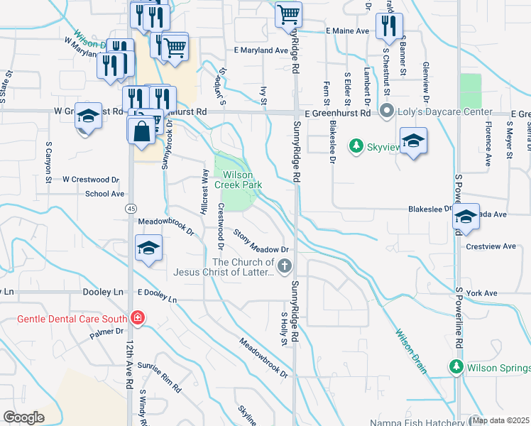 map of restaurants, bars, coffee shops, grocery stores, and more near 631 Trail Creek Drive in Nampa