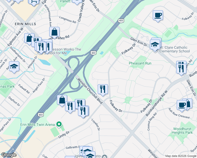 map of restaurants, bars, coffee shops, grocery stores, and more near 4269 Gayling Gardens in Mississauga