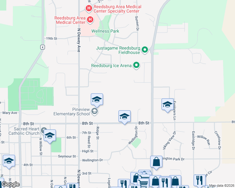 map of restaurants, bars, coffee shops, grocery stores, and more near 1233 8th Street in Reedsburg