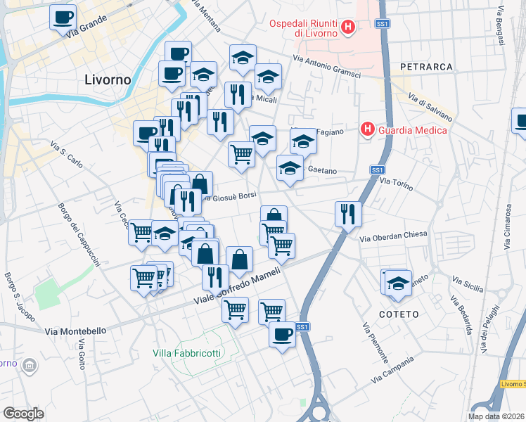 map of restaurants, bars, coffee shops, grocery stores, and more near 18 Via Francesco Redi in Livorno