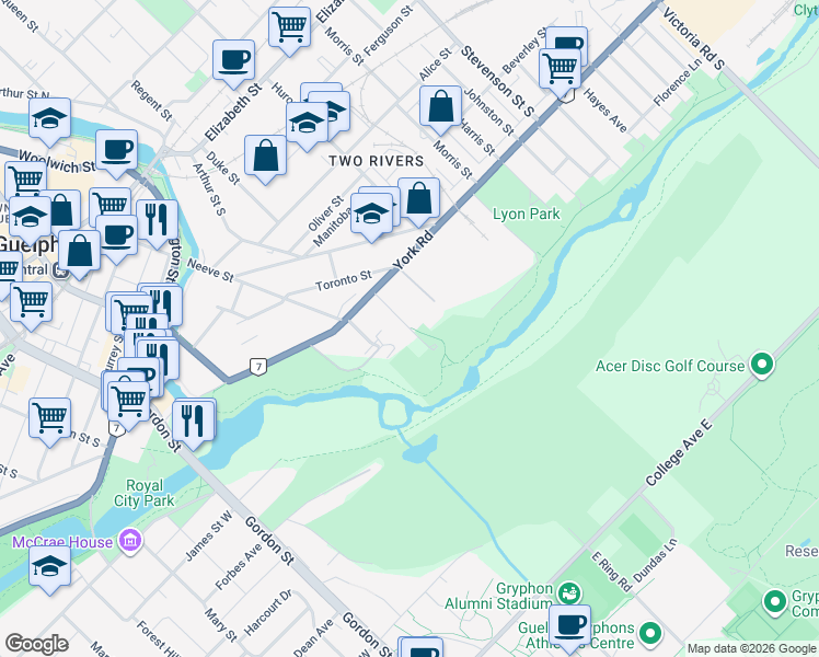 map of restaurants, bars, coffee shops, grocery stores, and more near Hooper Street in Guelph