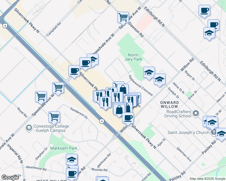 map of restaurants, bars, coffee shops, grocery stores, and more near 31 Greengate Road in Guelph