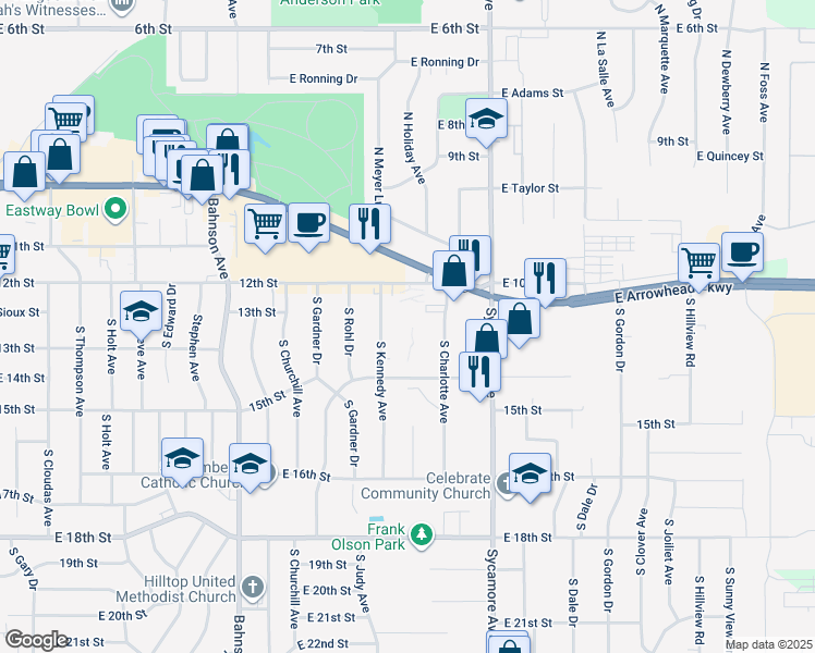 map of restaurants, bars, coffee shops, grocery stores, and more near 4217 East 12th Street in Sioux Falls