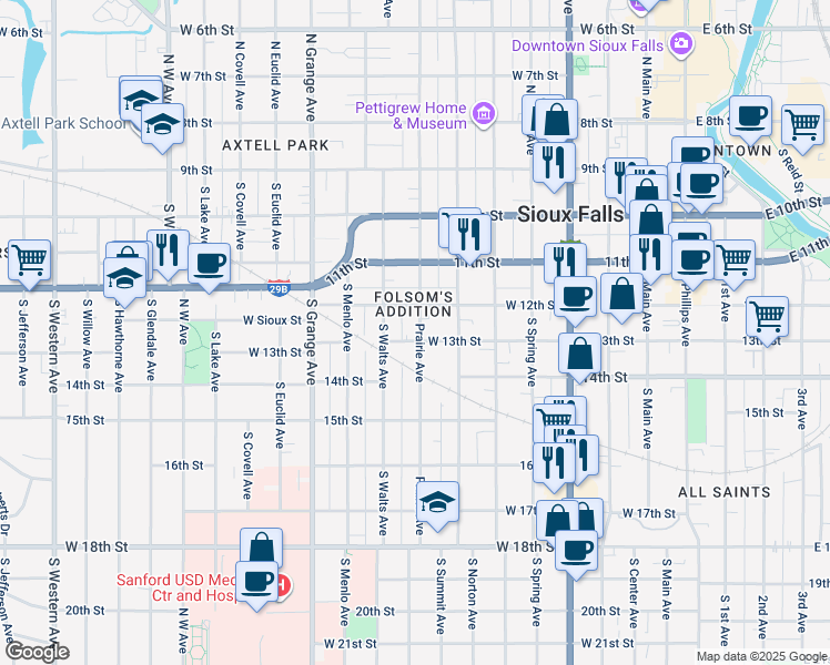 map of restaurants, bars, coffee shops, grocery stores, and more near 815 West 13th Street in Sioux Falls