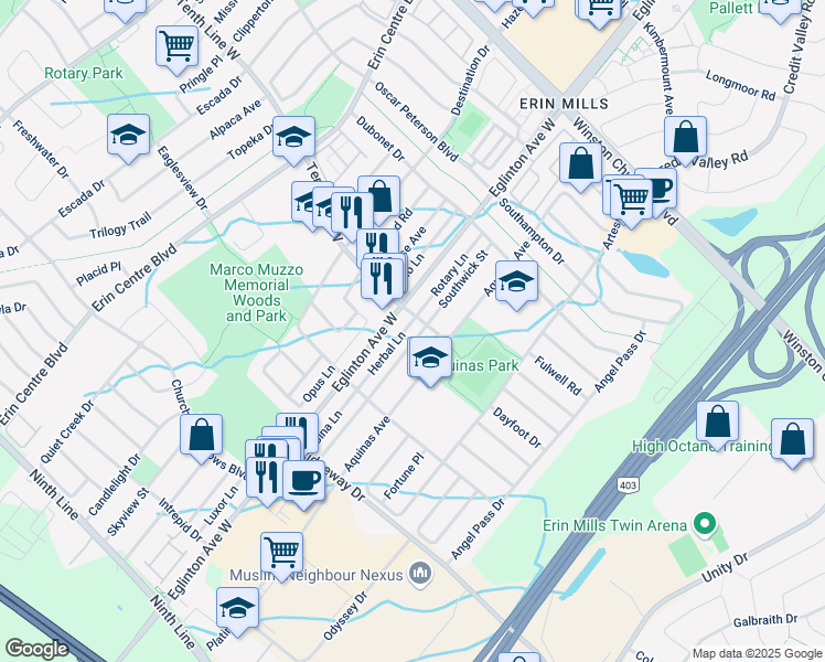 map of restaurants, bars, coffee shops, grocery stores, and more near 3445 Southwick Street in Mississauga