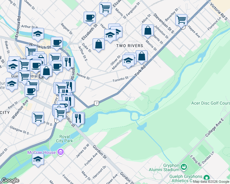 map of restaurants, bars, coffee shops, grocery stores, and more near 114 York Road in Guelph