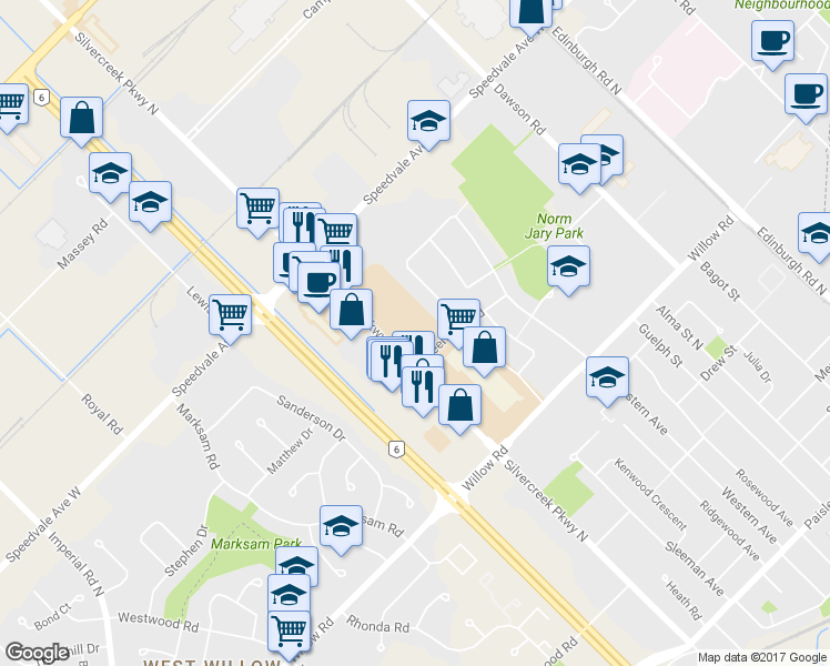 map of restaurants, bars, coffee shops, grocery stores, and more near 115 Applewood Crescent in Guelph