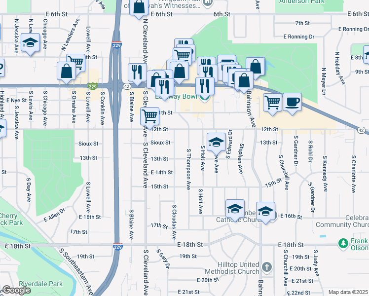 map of restaurants, bars, coffee shops, grocery stores, and more near 504 South Cloudas Avenue in Sioux Falls
