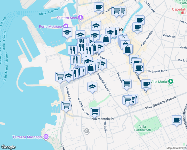 map of restaurants, bars, coffee shops, grocery stores, and more near 247 Corso Giuseppe Mazzini in Livorno