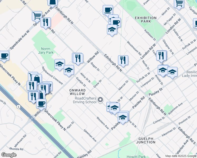 map of restaurants, bars, coffee shops, grocery stores, and more near 138 Bagot Street in Guelph