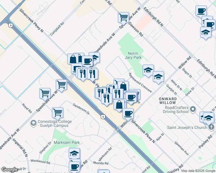 map of restaurants, bars, coffee shops, grocery stores, and more near 115 Applewood Crescent in Guelph