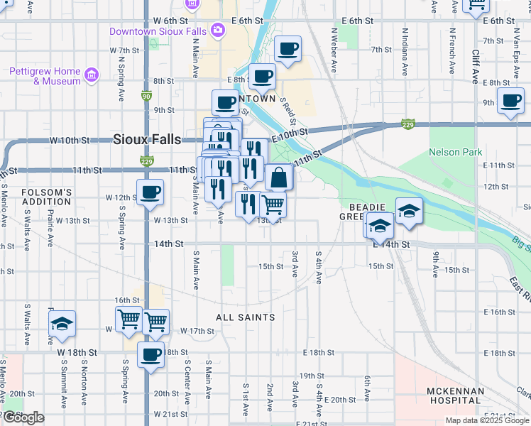 map of restaurants, bars, coffee shops, grocery stores, and more near 200-298 East 12th Street in Sioux Falls