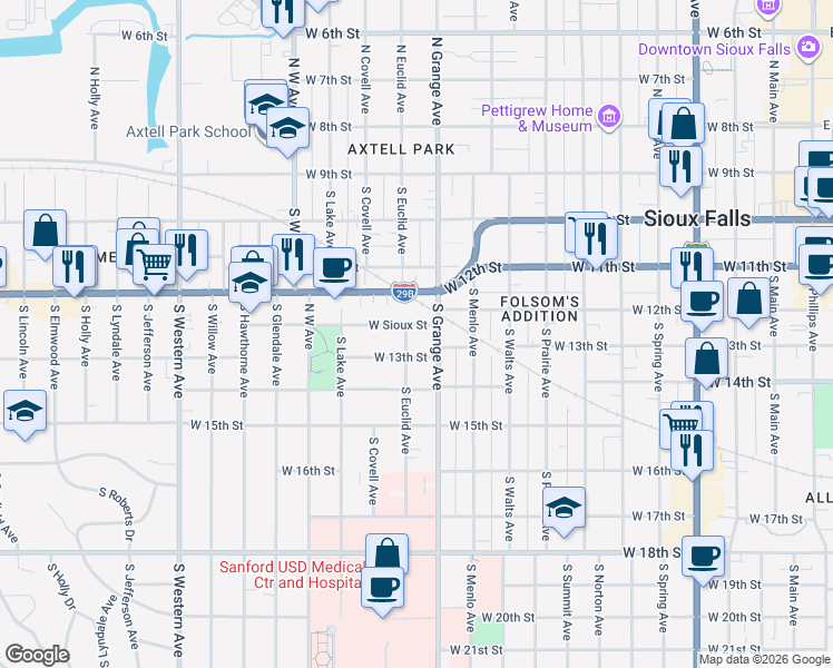 map of restaurants, bars, coffee shops, grocery stores, and more near 1130 West Sioux Street in Sioux Falls