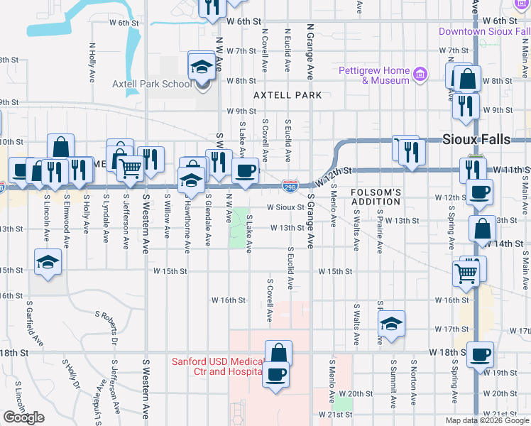 map of restaurants, bars, coffee shops, grocery stores, and more near 1223 West 12th Street in Sioux Falls