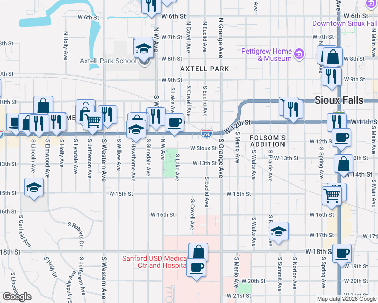 map of restaurants, bars, coffee shops, grocery stores, and more near 1223 West 12th Street in Sioux Falls