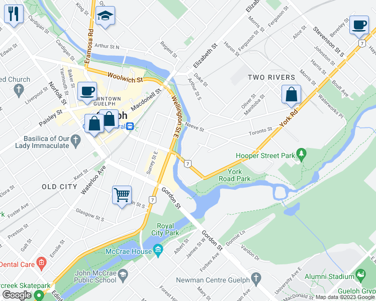 map of restaurants, bars, coffee shops, grocery stores, and more near 60 Wyndham Street South in Guelph