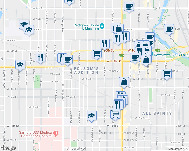 map of restaurants, bars, coffee shops, grocery stores, and more near 413 South Summit Avenue in Sioux Falls