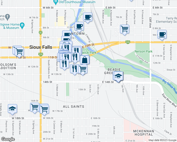 map of restaurants, bars, coffee shops, grocery stores, and more near 325 East 12th Street in Sioux Falls