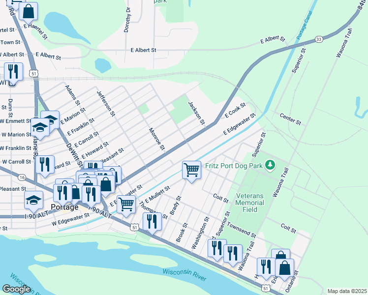 map of restaurants, bars, coffee shops, grocery stores, and more near 527 East Cook Street in Portage