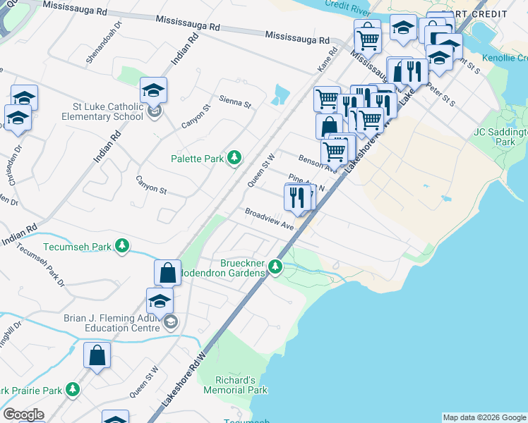 map of restaurants, bars, coffee shops, grocery stores, and more near 33 Broadview Avenue in Mississauga