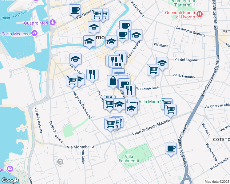 map of restaurants, bars, coffee shops, grocery stores, and more near 16 Via Leonardo Cambini in Livorno