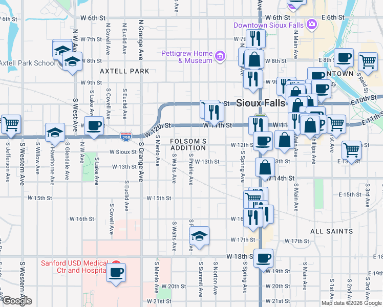 map of restaurants, bars, coffee shops, grocery stores, and more near 718 West 12th Street in Sioux Falls