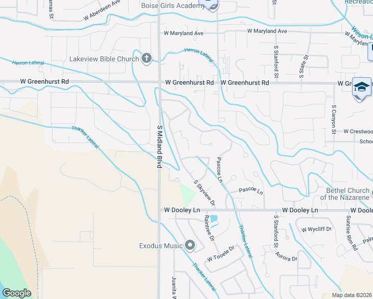 map of restaurants, bars, coffee shops, grocery stores, and more near 2563 South Whitetail Court in Nampa