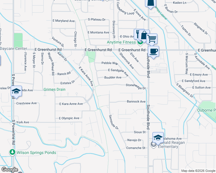 map of restaurants, bars, coffee shops, grocery stores, and more near 2624 South Stonehedge Drive in Nampa