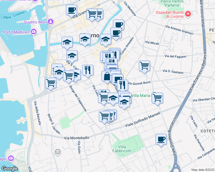 map of restaurants, bars, coffee shops, grocery stores, and more near 82 Via Roma in Livorno