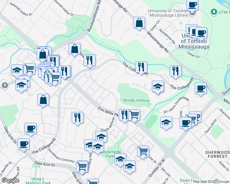 map of restaurants, bars, coffee shops, grocery stores, and more near 2030 Jacamar Court in Mississauga