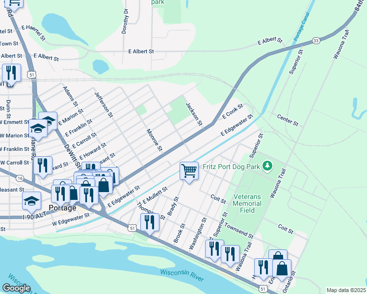 map of restaurants, bars, coffee shops, grocery stores, and more near 527 East Cook Street in Portage