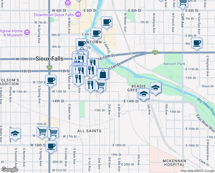 map of restaurants, bars, coffee shops, grocery stores, and more near 325 East 12th Street in Sioux Falls
