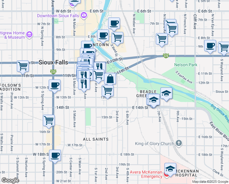 map of restaurants, bars, coffee shops, grocery stores, and more near 325 East 12th Street in Sioux Falls