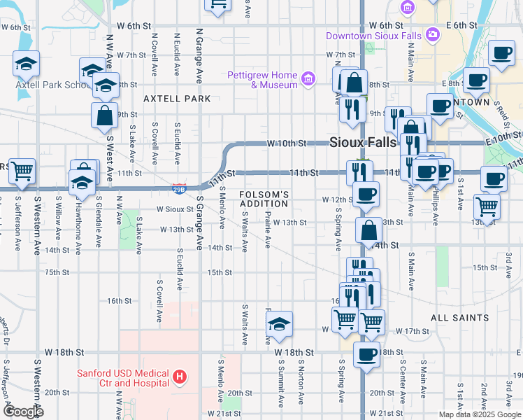 map of restaurants, bars, coffee shops, grocery stores, and more near 824 West 12th Street in Sioux Falls