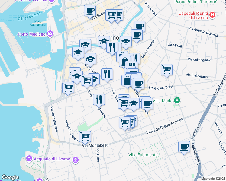 map of restaurants, bars, coffee shops, grocery stores, and more near 5 Via Cecconi in Livorno